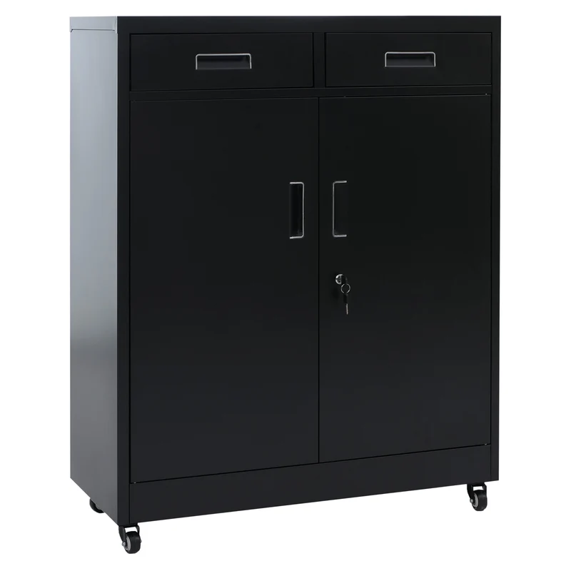 Armoire de rangement en métal avec roulettes pratiques pour bureau 116 x 90 x 40 cm en acier noir 04_0008879
