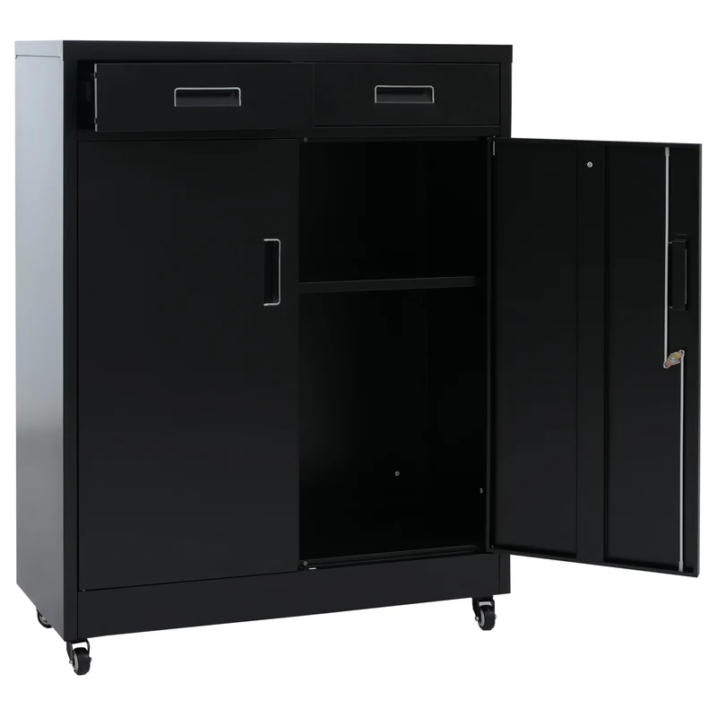 Armoire de rangement en métal avec roulettes pratiques pour bureau 116 x 90 x 40 cm en acier noir 04_0008879