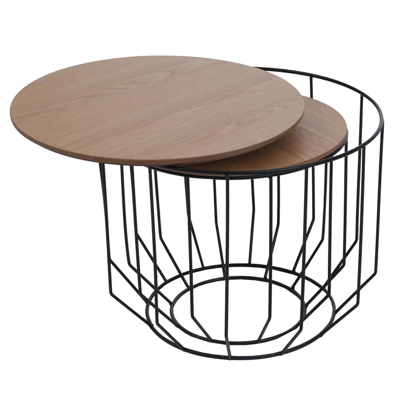 Lot de 2 tables basses gigognes en métal et bois plaqué chêne huilé style industriel 04_0008804