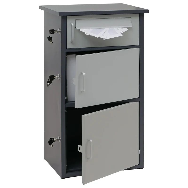 Boîte à colis 3 compartiments verrouillables 89 x 49 x 38 cm en acier gris foncé / gris clair 04_0009373