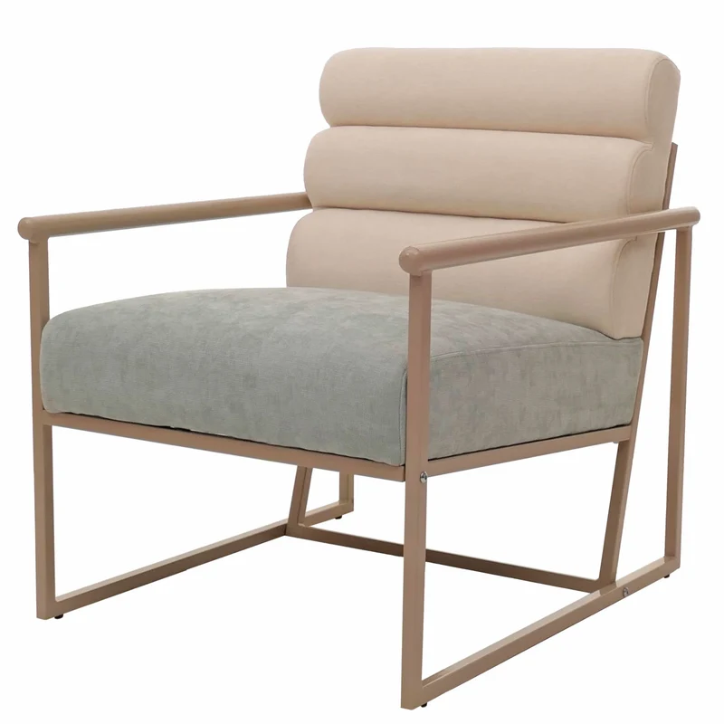 Fauteuil lounge design contemporain en tissu velours beige avec coussin bleu-vert structure acier thermolaqué 04_0009491