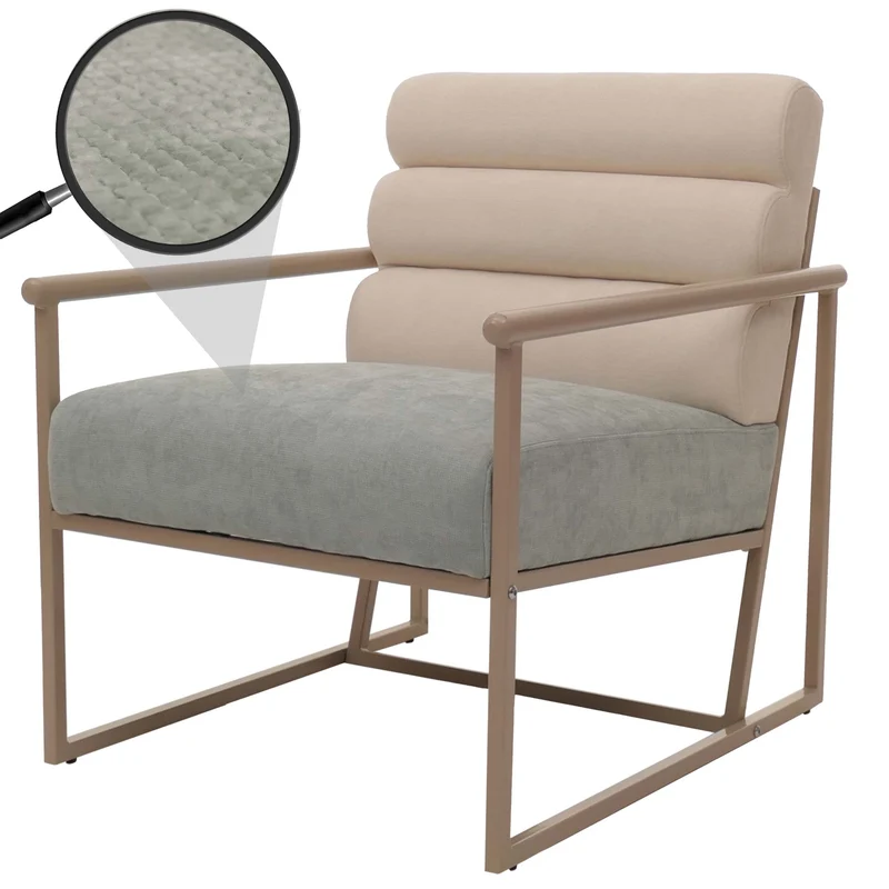 Fauteuil lounge design contemporain en tissu velours beige avec coussin bleu-vert structure acier thermolaqué 04_0009491