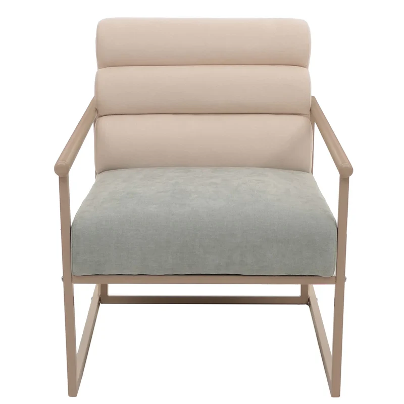 Fauteuil lounge design contemporain en tissu velours beige avec coussin bleu-vert structure acier thermolaqué 04_0009491