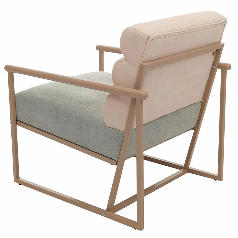 Fauteuil lounge design contemporain en tissu velours beige avec coussin bleu-vert structure acier thermolaqué 04_0009491
