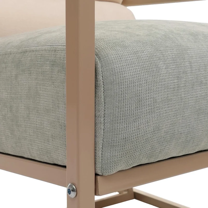 Fauteuil lounge design contemporain en tissu velours beige avec coussin bleu-vert structure acier thermolaqué 04_0009491