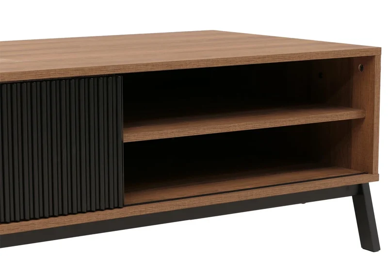 Table basse rectangulaire fonctionnelle avec rangement portes coulissantes 42 x 120 x 60 cm en MDF bois naturel et métal noir 04_0009220