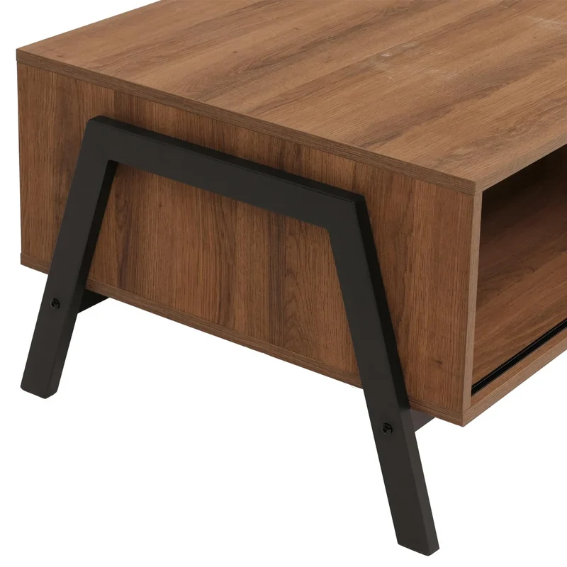 Table basse rectangulaire fonctionnelle avec rangement portes coulissantes 42 x 120 x 60 cm en MDF bois naturel et métal noir 04_0009220