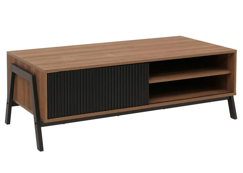 Table basse rectangulaire fonctionnelle avec rangement portes coulissantes 42 x 120 x 60 cm en MDF bois naturel et métal noir 04_0009220