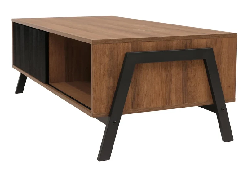 Table basse rectangulaire fonctionnelle avec rangement portes coulissantes 42 x 120 x 60 cm en MDF bois naturel et métal noir 04_0009220