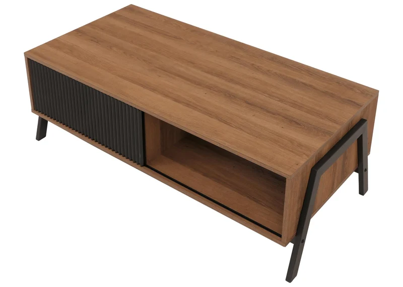 Table basse rectangulaire fonctionnelle avec rangement portes coulissantes 42 x 120 x 60 cm en MDF bois naturel et métal noir 04_0009220