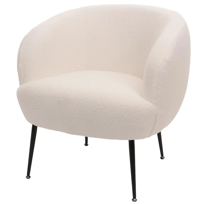 Fauteuil lounge dossier enveloppant et design arrondi en tissu bouclé blanc avec pieds métal 04_0009485