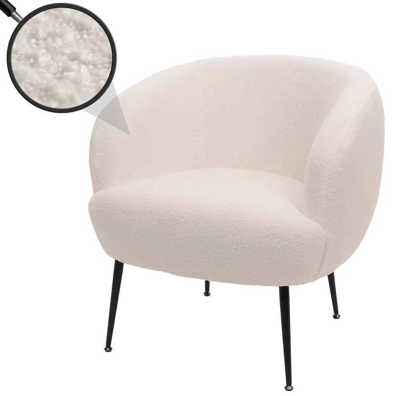 Fauteuil lounge dossier enveloppant et design arrondi en tissu bouclé blanc avec pieds métal 04_0009485