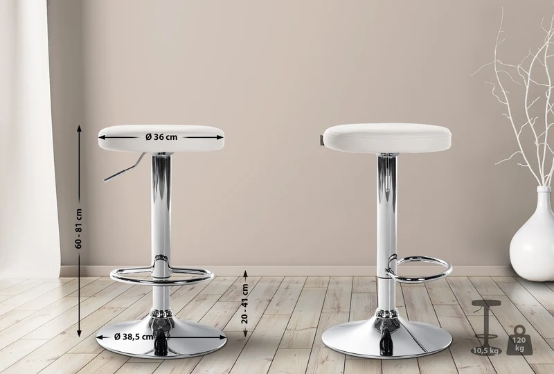Lot de 2 tabourets de bar design simple avec assise en synthétique blanc et cadre métal chromé TDB10695