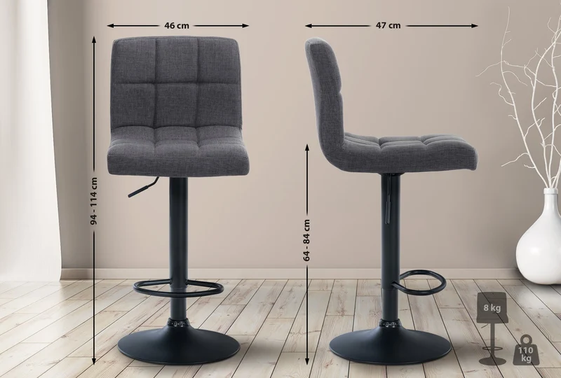 Lot de 2 tabourets de bar style contemporain en tissu matelassé gris clair cadre métal noir 10_0006722