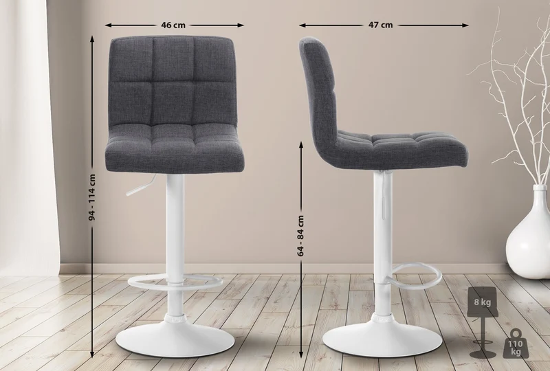 Lot de 2 tabourets de bar style contemporain en tissu matelassé gris clair cadre métal blanc 10_0006721