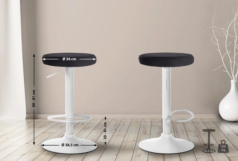 Tabouret de bar x1 design simple hauteur réglable revêtement en velours noir pieds en métal blanc 10_0005743