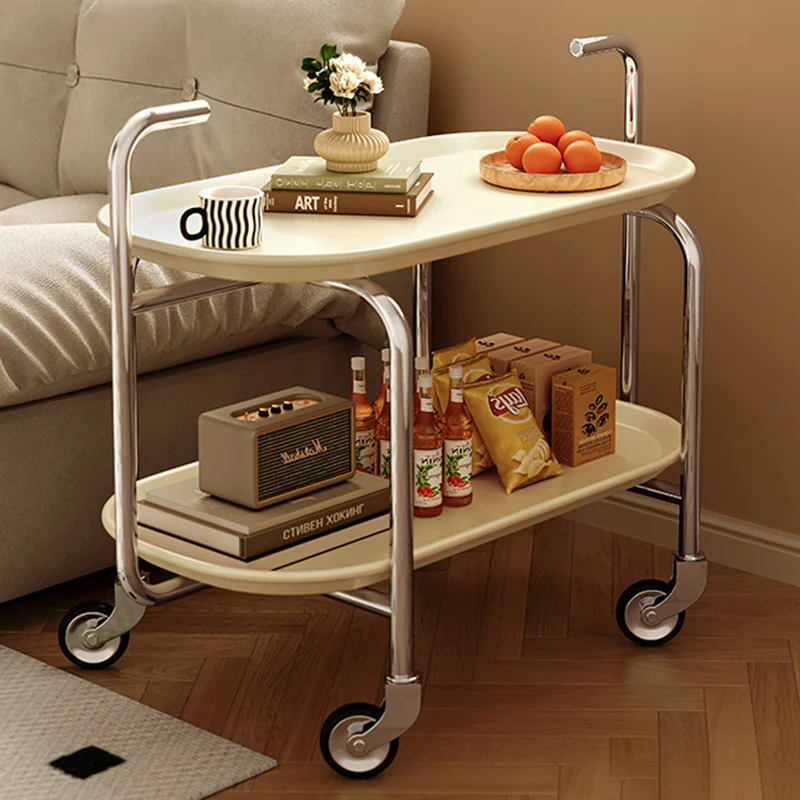 Modern Mid-Century Oval ABS Iron End Table 2-Tier Rolling Cart For Living Room