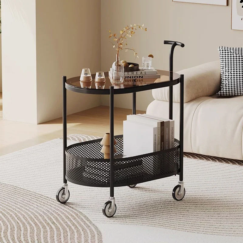 Modern Minimalist Tempered Glass Metal Oval Mobile End Table 2-Tier For Living Room