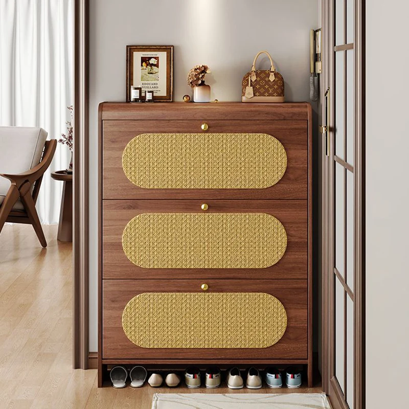 Traditional Vintage Rectangle MDF & Artificial Leather Weaving Shoe Storage 3- Tier For Entryways