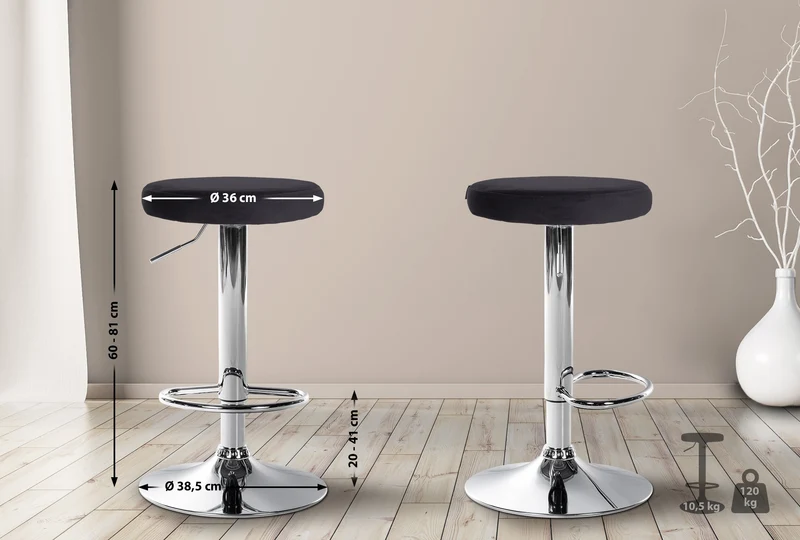 Lot de 2 tabourets de bar avec assise en tissu velours noir et cadre métal chromé TDB10718