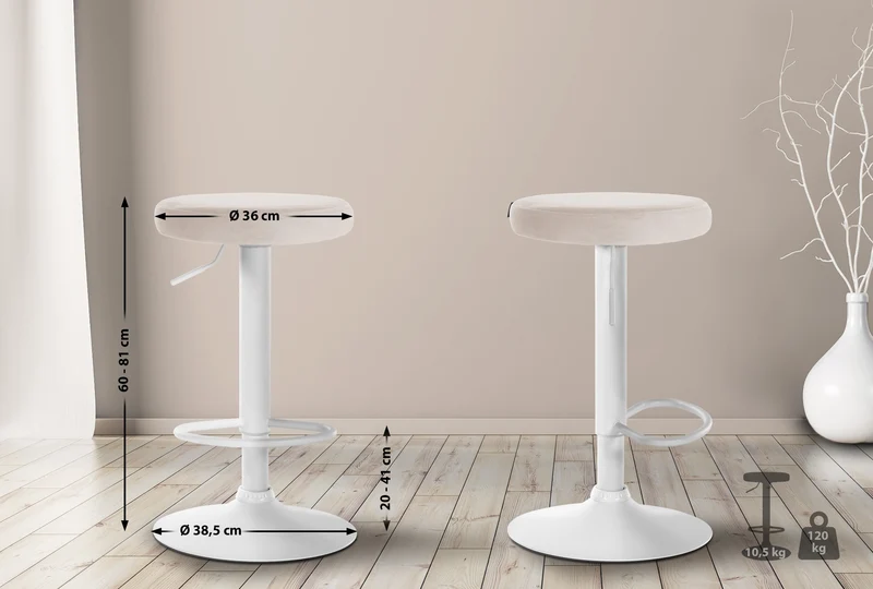 Lot de 2 tabourets de bar avec assise en tissu velours crème et cadre métal blanc TDB10698