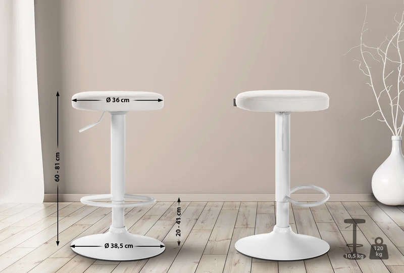 Lot de 2 tabourets de bar design simple avec assise en synthétique blanc et cadre métal blanc TDB10683