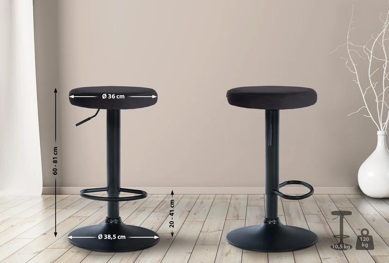 Tabouret de bar x1 design simple hauteur réglable revêtement en velours noir pieds en métal noir 10_0005745