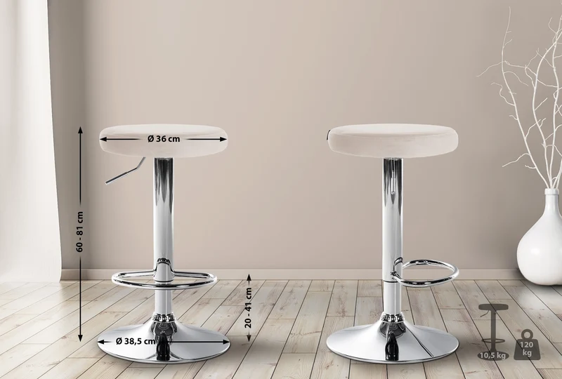Tabouret de bar x1 design simple hauteur réglable revêtement en velours crème pieds en métal aspect chromé 10_0005347