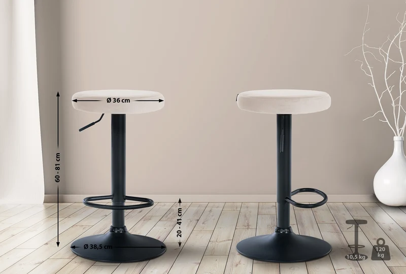 Tabouret de bar x1 design simple hauteur réglable revêtement en velours crème pieds en métal noir 10_0005351