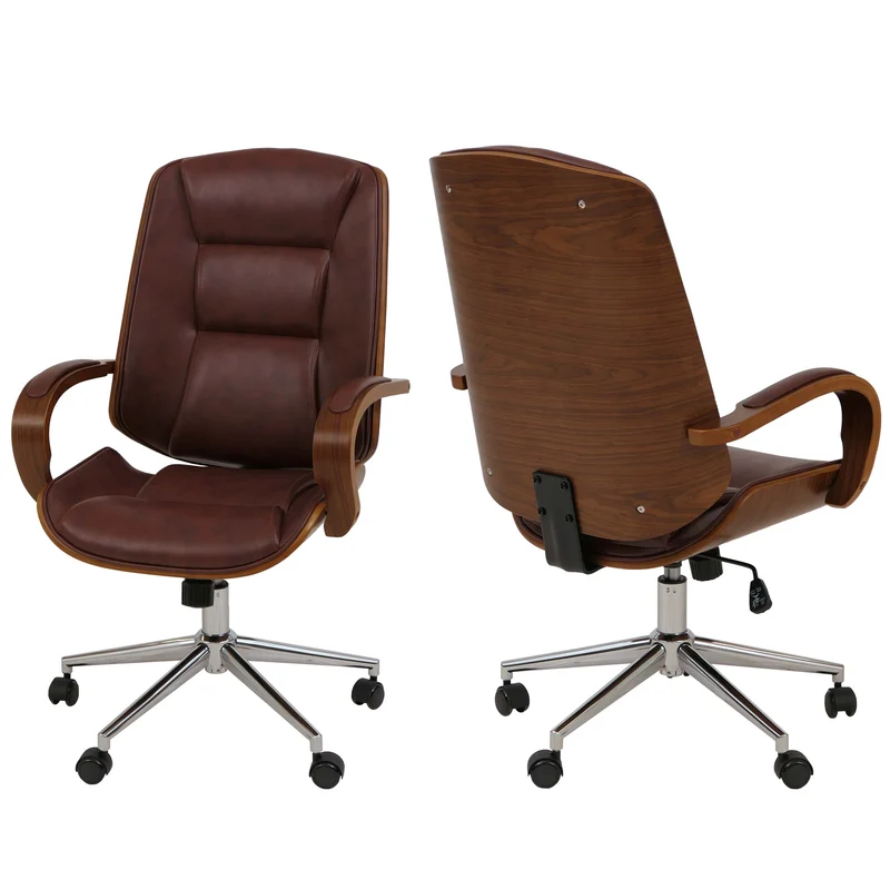 Fauteuil de bureau sur roulettes pivotant avec accoudoirs en simili cuir rouge brun avec structure en bois courbé finition noyer 04_0009096