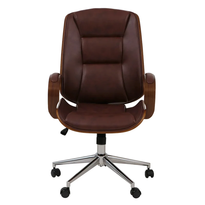 Fauteuil de bureau sur roulettes pivotant avec accoudoirs en simili cuir rouge brun avec structure en bois courbé finition noyer 04_0009096
