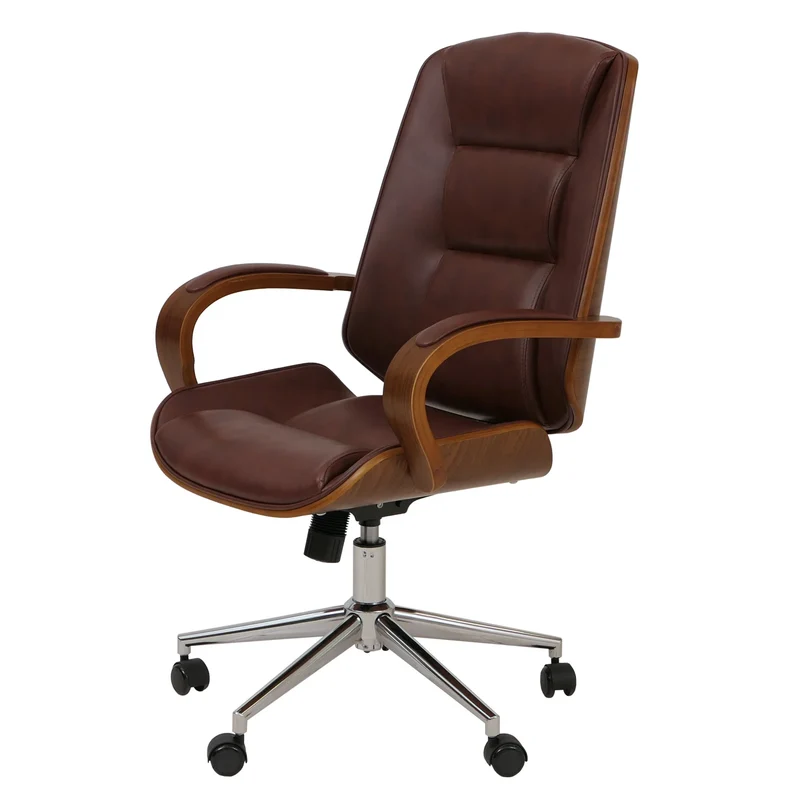 Fauteuil de bureau sur roulettes pivotant avec accoudoirs en simili cuir rouge brun avec structure en bois courbé finition noyer 04_0009096