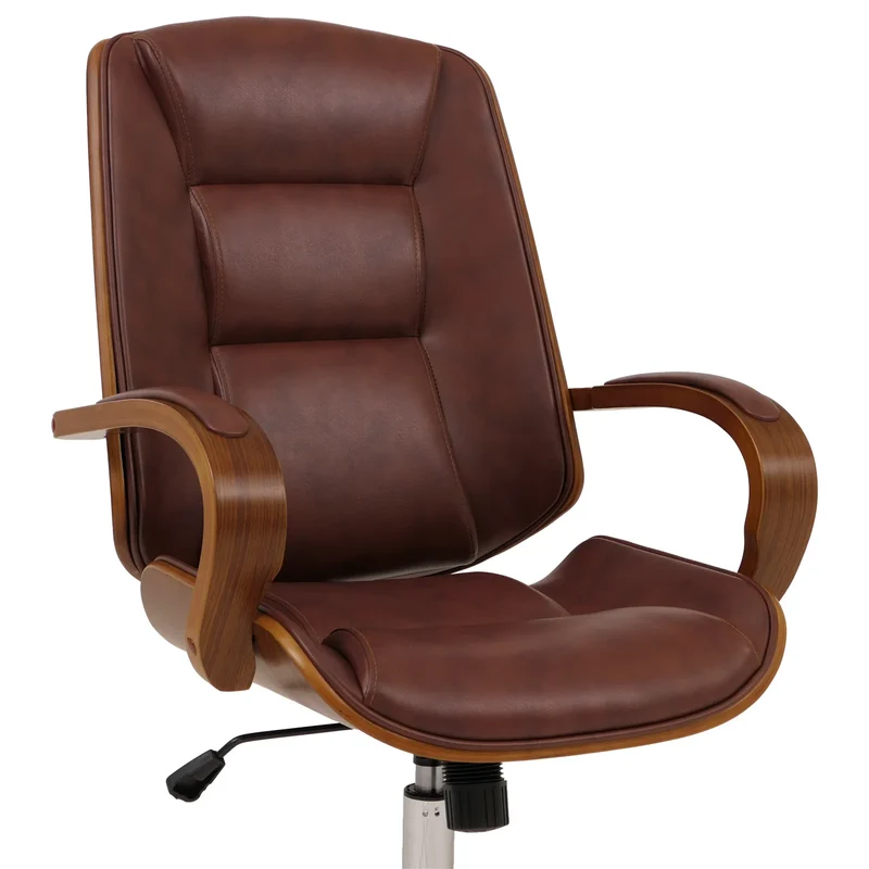 Fauteuil de bureau sur roulettes pivotant avec accoudoirs en simili cuir rouge brun avec structure en bois courbé finition noyer 04_0009096