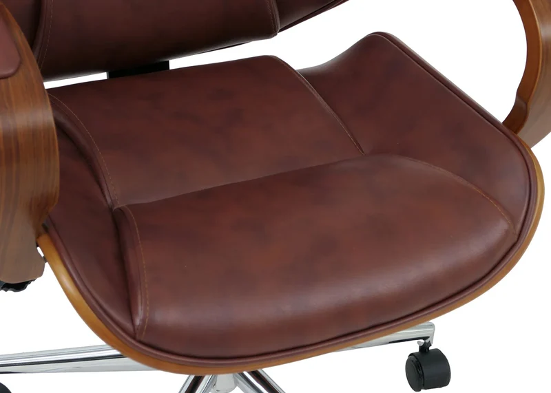 Fauteuil de bureau sur roulettes pivotant avec accoudoirs en simili cuir rouge brun avec structure en bois courbé finition noyer 04_0009096