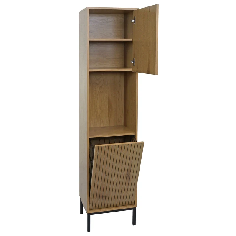 Armoire haute meuble de salle de bain avec étagères compartiments et panier à linge basculant 174x39x30 cm MDF finition mélaminée 04_0009218