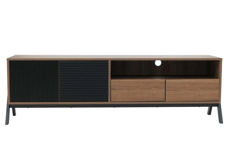 Meuble TV avec 2 tiroirs portes et compartiments de rangement 48x155x40 cm en MDF finition mélaminée et métal 04_0009209