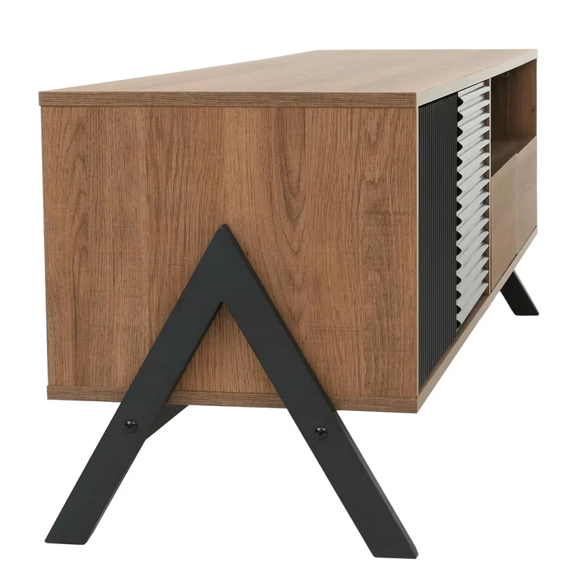 Meuble TV avec 2 tiroirs portes et compartiments de rangement 48x155x40 cm en MDF finition mélaminée et métal 04_0009209