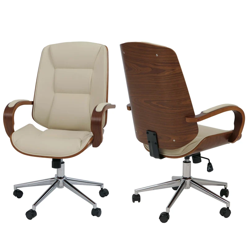 Fauteuil de bureau sur roulettes pivotant avec accoudoirs en simili cuir crème avec structure en bois courbé finition noyer 04_0009102