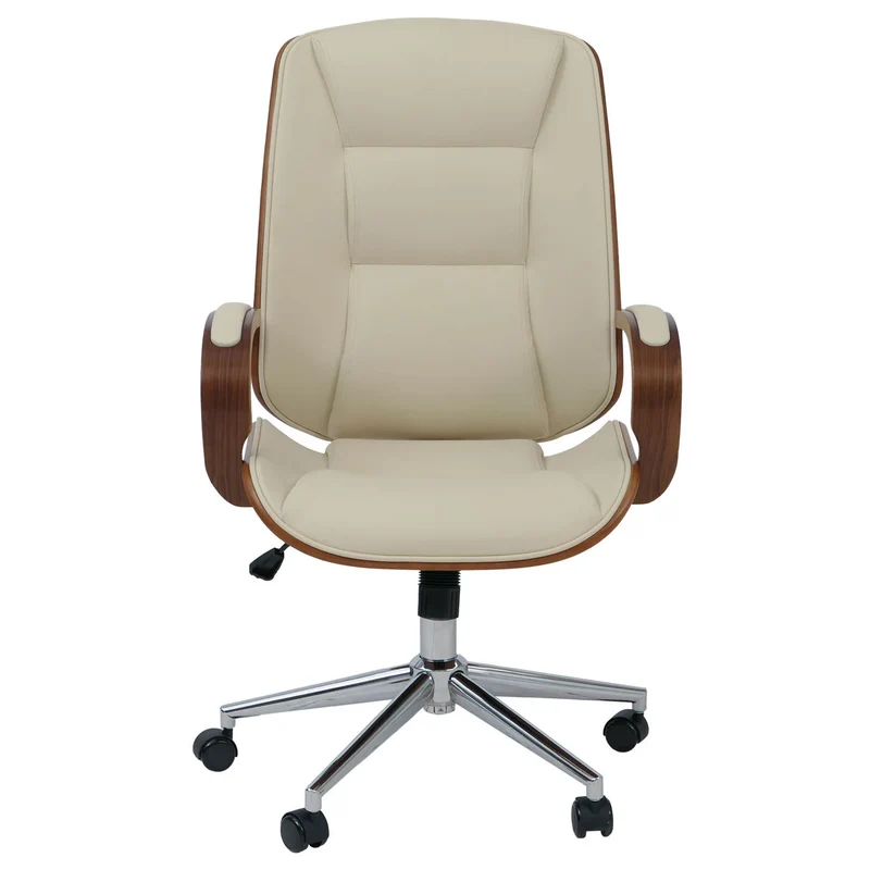 Fauteuil de bureau sur roulettes pivotant avec accoudoirs en simili cuir crème avec structure en bois courbé finition noyer 04_0009102