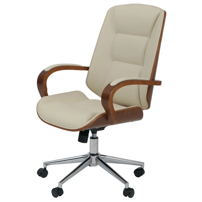Fauteuil de bureau sur roulettes pivotant avec accoudoirs en simili cuir crème avec structure en bois courbé finition noyer 04_0009102