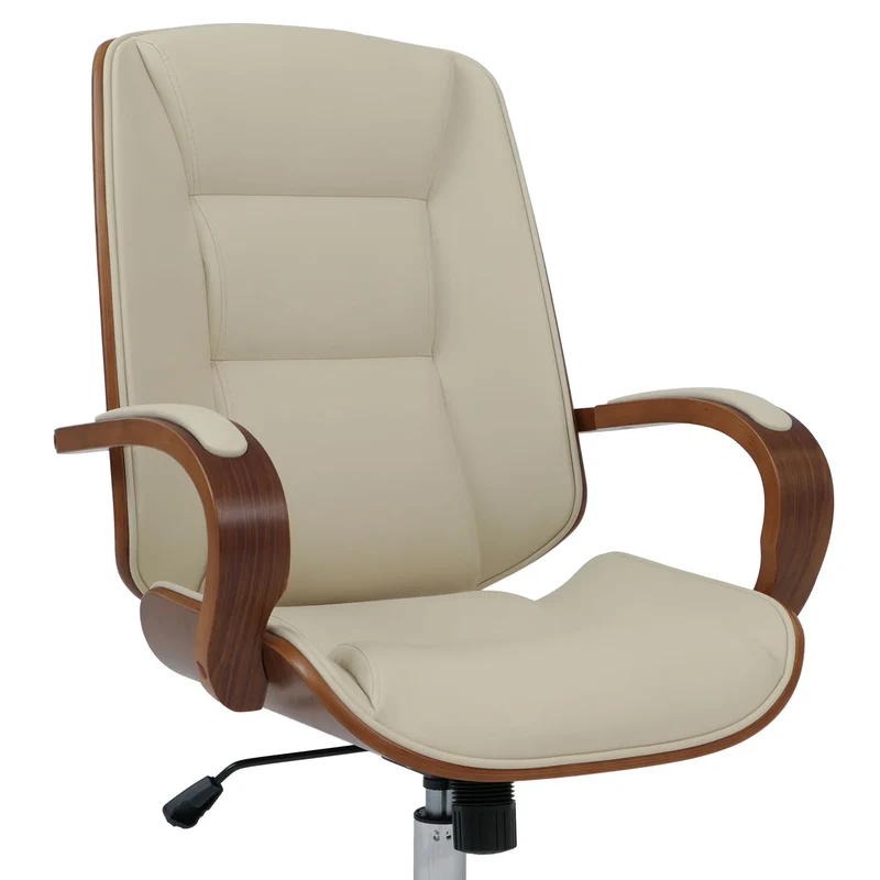 Fauteuil de bureau sur roulettes pivotant avec accoudoirs en simili cuir crème avec structure en bois courbé finition noyer 04_0009102