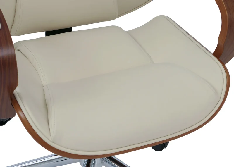 Fauteuil de bureau sur roulettes pivotant avec accoudoirs en simili cuir crème avec structure en bois courbé finition noyer 04_0009102