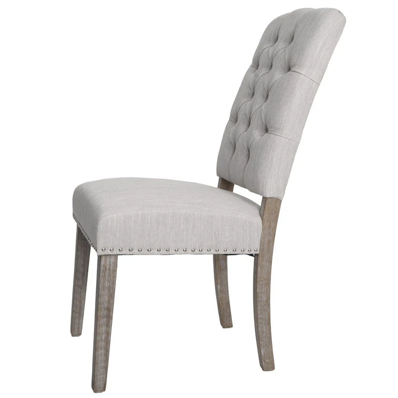 Lot de 2 chaises de salle à manger rembourrée style Chesterfield avec clous décoratifs en tissu gris clair pieds en bois 04_0009287