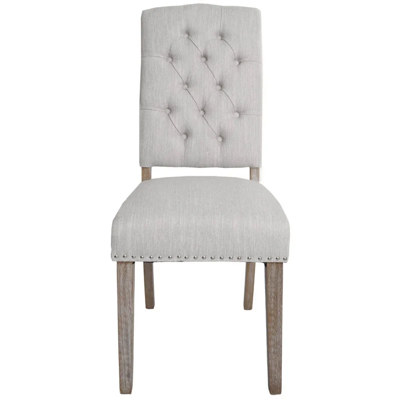 Lot de 2 chaises de salle à manger rembourrée style Chesterfield avec clous décoratifs en tissu gris clair pieds en bois 04_0009287
