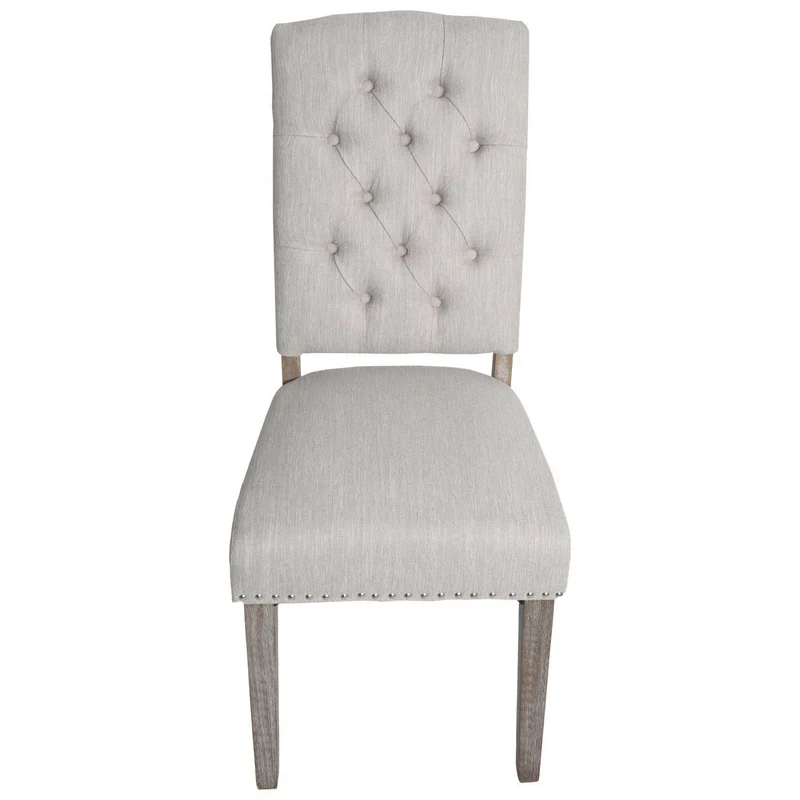 Lot de 2 chaises de salle à manger rembourrée style Chesterfield avec clous décoratifs en tissu gris clair pieds en bois 04_0009287