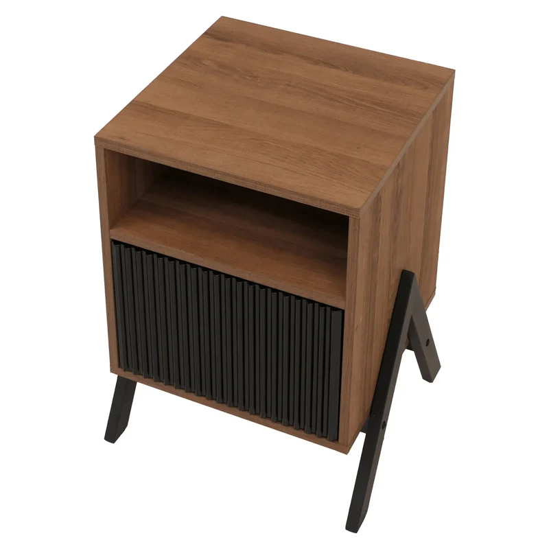 Table de chevet avec tiroir et compartiment ouvert meuble d’appoint 59x40x40 cm en MDF et pieds en V métal 04_0009214