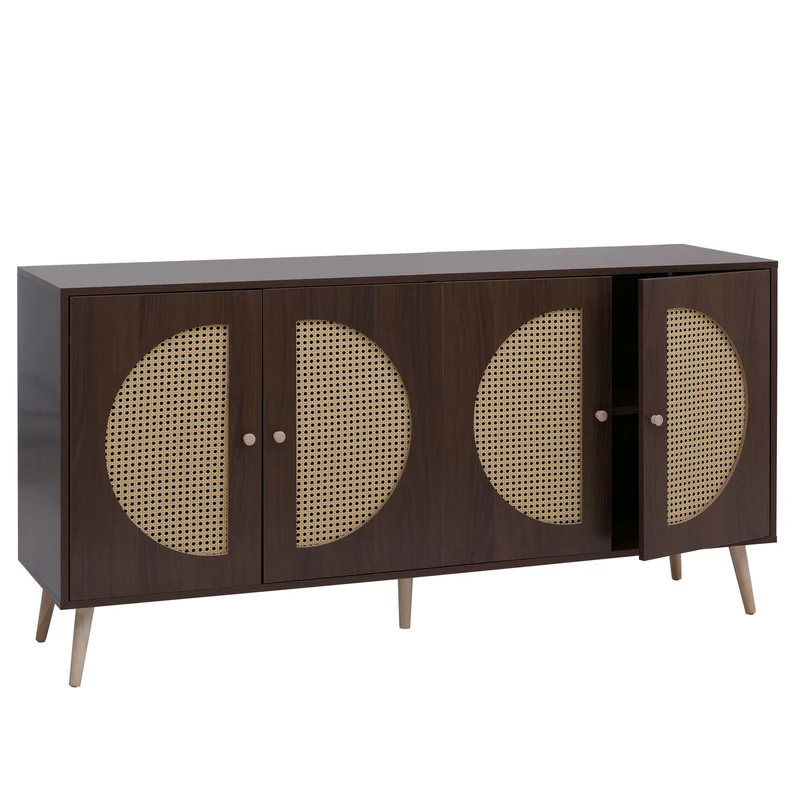 Buffet 160 cm effet noyer foncé 4 portes avec inserts en cannage poly-rotin style rétro scandinave pieds en bois naturel 04_0008841