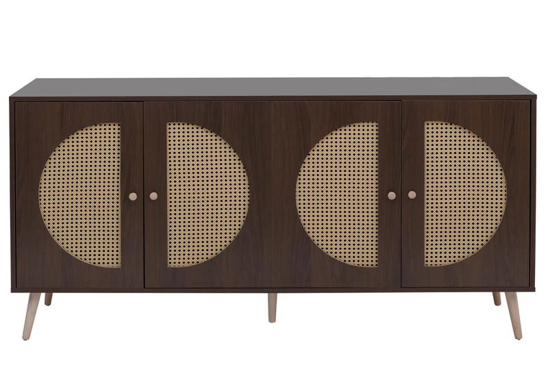 Buffet 160 cm effet noyer foncé 4 portes avec inserts en cannage poly-rotin style rétro scandinave pieds en bois naturel 04_0008841