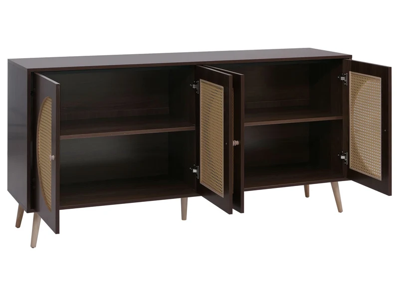 Buffet 160 cm effet noyer foncé 4 portes avec inserts en cannage poly-rotin style rétro scandinave pieds en bois naturel 04_0008841