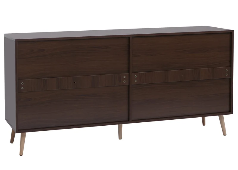 Buffet 160 cm effet noyer foncé 4 portes avec inserts en cannage poly-rotin style rétro scandinave pieds en bois naturel 04_0008841